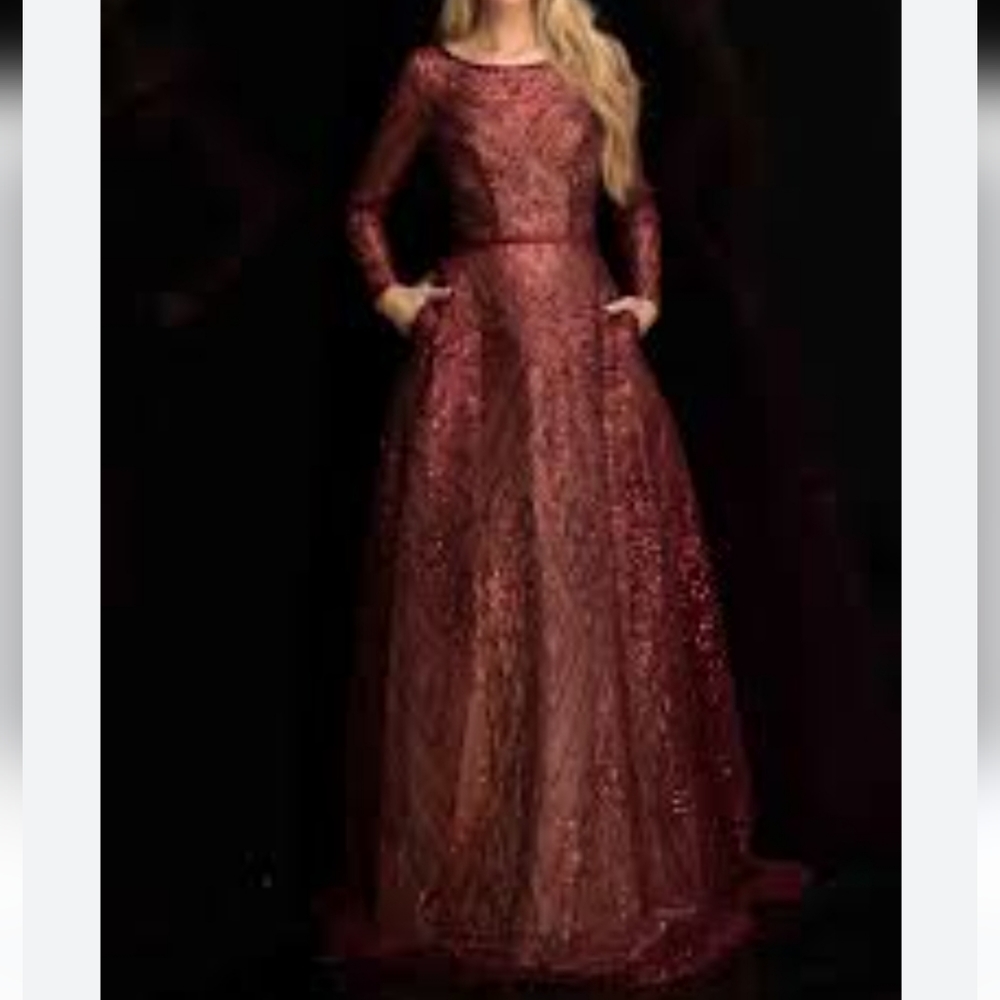 Couture Burgundy Red Wine sequin long sleeve ballgown gown dress Mini Quince LXL